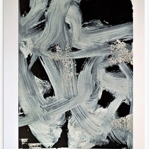 May include: Abstract painting with white brushstrokes on a black background. The brushstrokes are thick and textured, creating a dynamic and energetic composition.