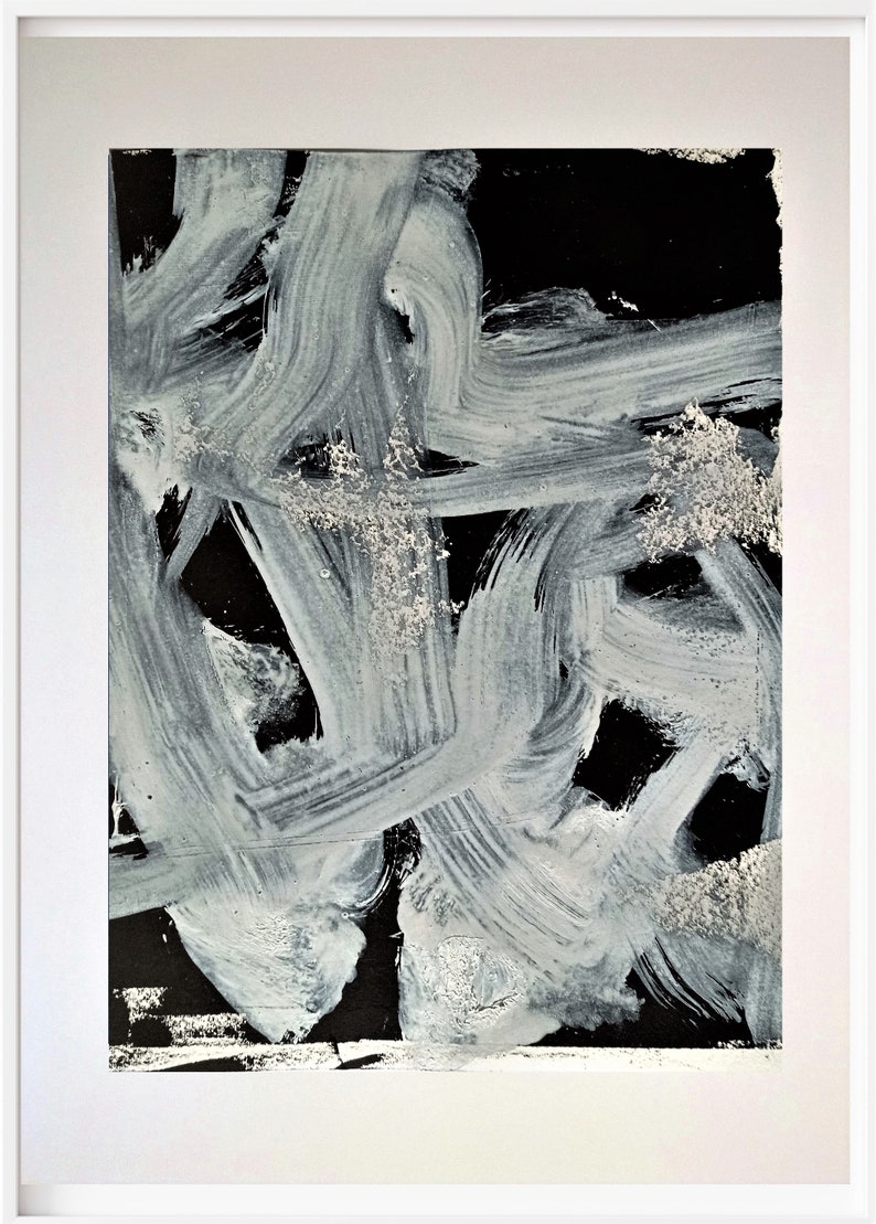 May include: Abstract painting with white brushstrokes on a black background. The brushstrokes are thick and textured, creating a dynamic and energetic composition.