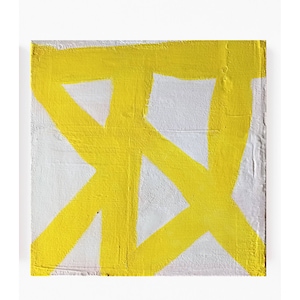 abstract acrylic painting, minimalist, modern art, yellow, original on wooden body 20cmx20cmx6cm, contemporary, original, structural picture