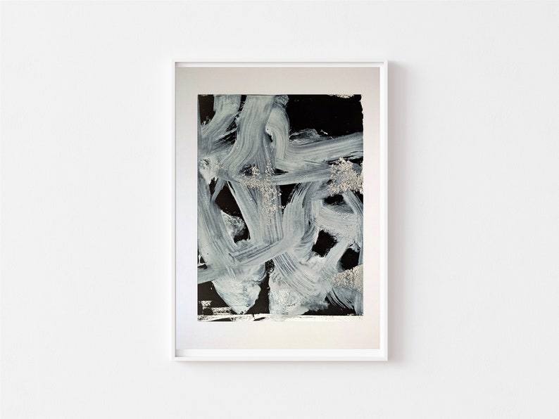 May include: Abstract painting with white brushstrokes on a black background. The brushstrokes are thick and textured, creating a dynamic and energetic composition.