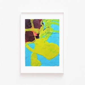 May include: Abstract painting with a bright yellow shape on a blue background. The painting has a textured surface and includes splashes of pink, red, and brown.