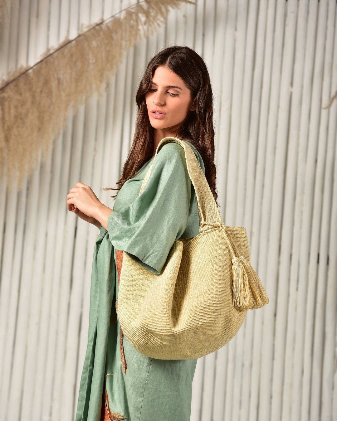 Tote Bag Wayuu Large Crochet, Beige and Natural, Hand Woven Market Bag