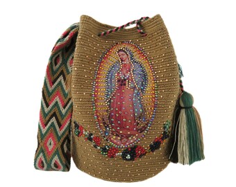 WAYUU mochila shoulder bag virgin maria guadalupe Colombia handmade catholic fairtrade sac purse shoulder handbag stones decorated Christian