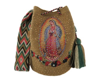 WAYUU mochila bag Virgin Guadalupe Carmen DECORATED with stones, crystals, bag original from Colombia handmade fairtrade purse sac crochet