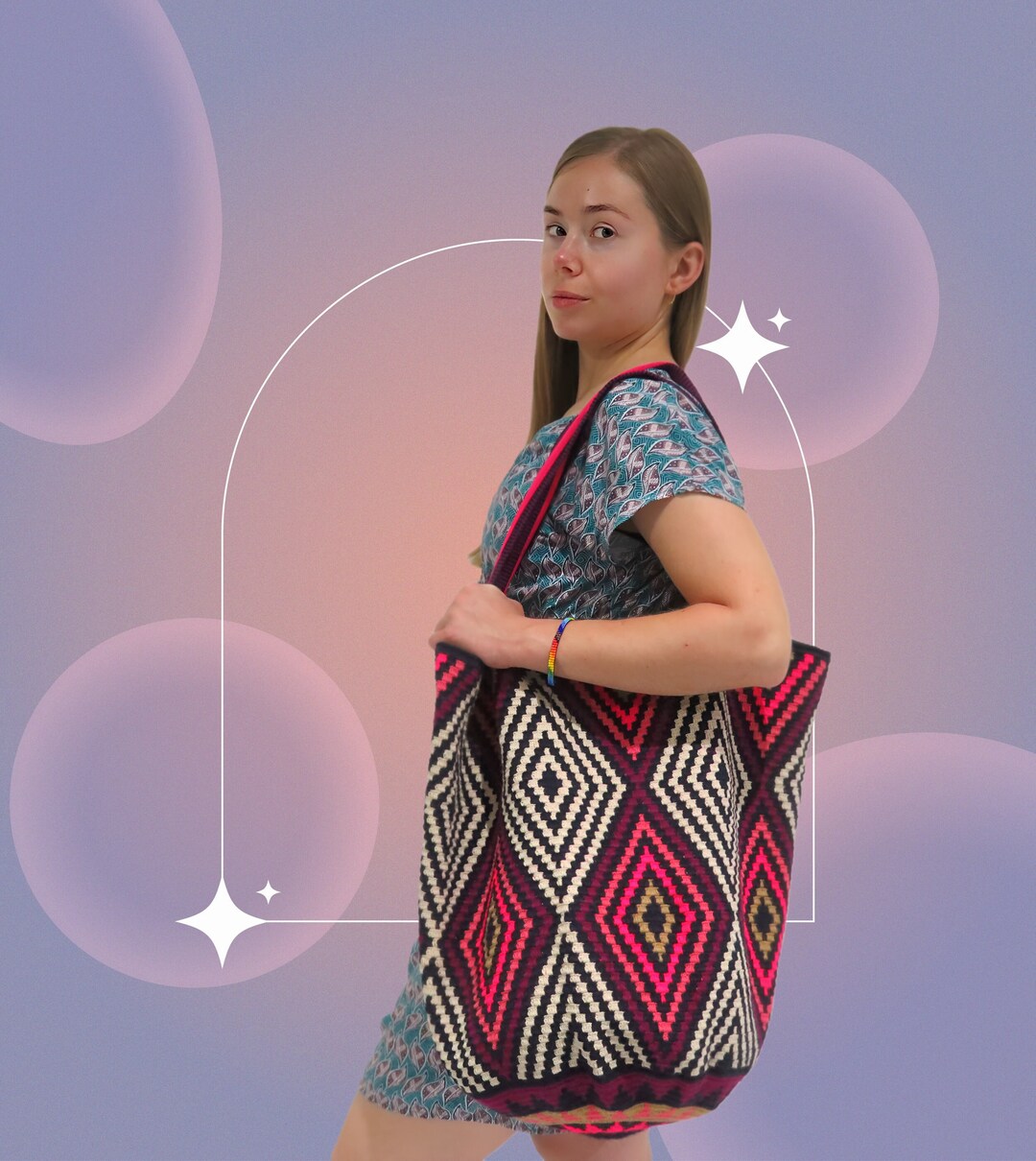 Tote Bag Wayuu Large Crochet, Diamonds Design, Hand Woven Market Bag