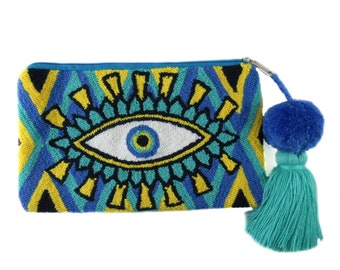 Evil eye clutch bag WAYUU mochila purse tapizado tapestry Colombia handmade fairtrade sac purse Summer, Bohemian, Turkish eye