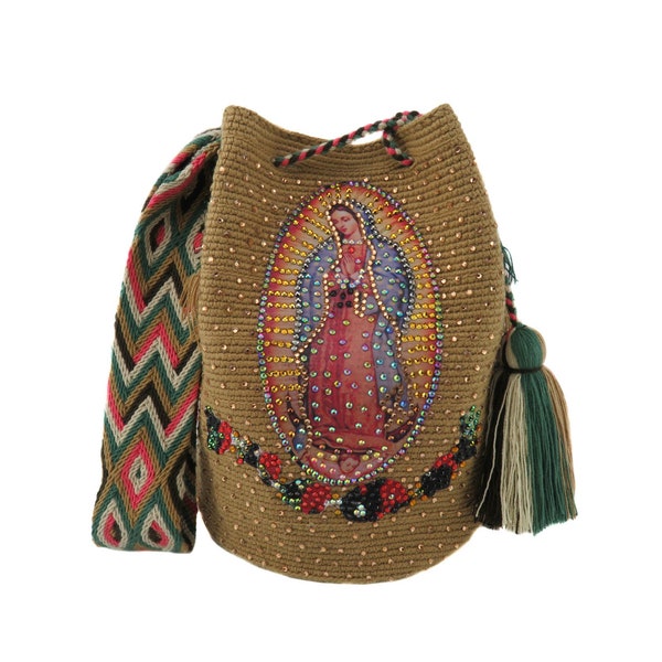WAYUU mochila shoulder bag virgin maria guadalupe Colombia handmade catholic fairtrade sac purse shoulder handbag stones decorated Christian
