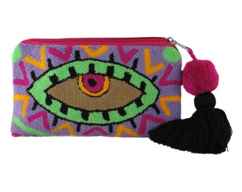 Evil Eye Clutch Bag WAYUU Mochila Geldbörse Tapizado Wandteppich Kolumbien handgefertigt Fairtrade Beuteltasche Sommer, Boho, Türkisches Auge