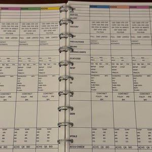 Pode incluir: Um caderno aberto com notas manuscritas detalhadas e listas de verificação. O caderno é mantido unido por uma pasta prateada de vários anéis. As páginas são organizadas em colunas e linhas com vários termos médicos.