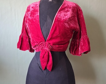 1920s Velvet Cropped Blouse: Raspberry Red, Puff Sleeve, Parisienne Modele