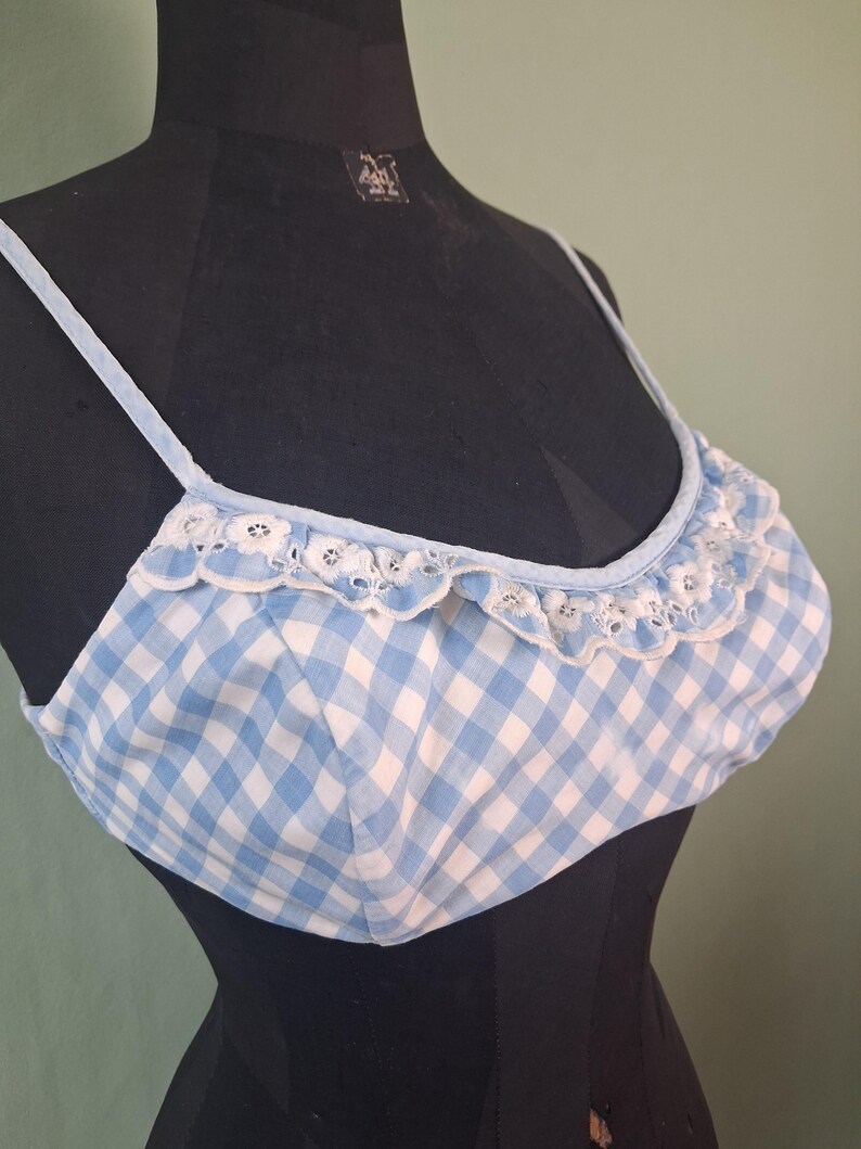 May include: A light blue and white gingham pattern bralette with delicate white lace trim along the top edge. The bralette has thin, adjustable straps and is displayed on a black mannequin. The overall style is vintage and feminine.