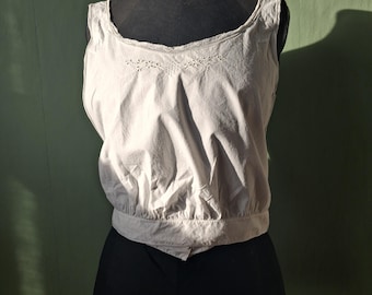 Antique Cotton Chemise Corset Cover – Victorian White Blouse, 1900s Lace Top
