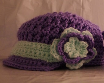 crochet news boy hat with flower