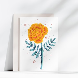 マリーゴールドの花のグリーティングカード 手描きの植物アート 空白のグリーティングカード 花柄の文房具 鉛筆のイラスト 誕生日のサンキューカード
