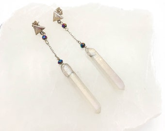 Rainbow Crystal Dangle Earrings, Geometric style Earrings, Modern Quartz Jewelry, Gemstone Meaning Jewelry, Statement earrings under 50,