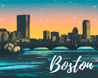 Boston Skyline Art Charles River Poster Urban Landscape Illustration Standard Size Print Ready to Frame Archival Matte Art Print Cityscape