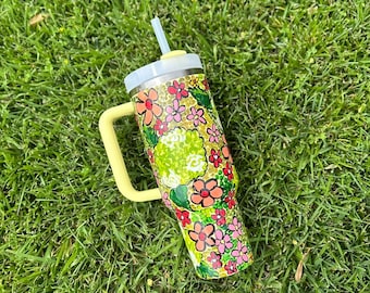 Custom Hand-Painted Stanley Tumbler - Tiny Flowers - Bright and Bold Floral Pattern