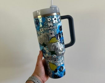 Custom Hand-Painted Stanley Tumbler -Hydrangea and Blue Florals - Wildflower Stanley