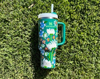 Custom Hand-Painted Stanley Tumbler - Green and Blue Florals - Wildflower Stanley