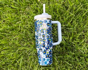 Hand-Painted Blue Floral Stanley Tumbler - 30 oz Stanley Cup - Custom Blue Floral Print - Forget Me Nots