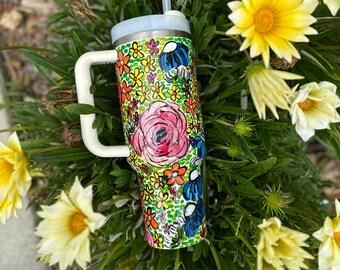 Custom Hand-Painted Stanley Tumbler - Roses and Tiny Flowers - Bright and Bold Floral Pattern