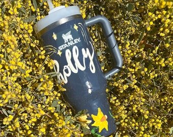 Custom Hand-Painted Stanley Tumbler - Daffodils - Celecstial - Moon and Stars Stanley