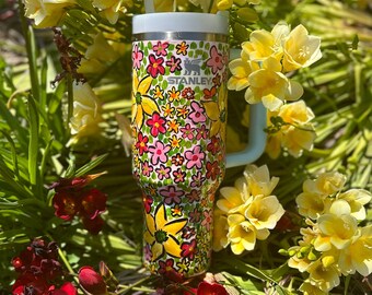 Custom Hand-Painted Stanley Tumbler - Tiny Flowers - Bright and Bold Floral Pattern