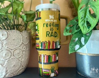 Custom Hand-Painted Stanley Tumbler - Book Lover&#39;s Stanley - Customizable Book Shelf Stanley