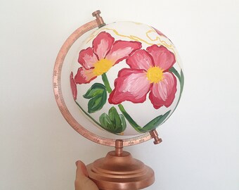 Pink Poppy Rose Gold Globe - Floral Nursery Decor - Girl's Room Decor - Hand-Painted Globe