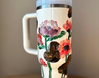 Custom Hand-Painted Stanley Tumbler - Cow Print Stanley with Flowers - Bouquet Painting - Floral Pattern