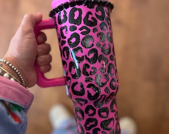 Custom Hand-Painted Stanley Tumbler - Leopard, Cheetah Print - Lisa Frank Inspired Art