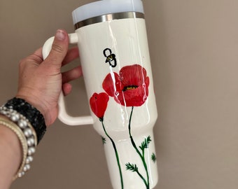 Custom Hand-Painted Stanley Tumbler - Poppies