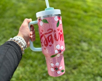 Custom Hand-Painted Stanley Tumbler - Plumerias with Glitter - Glitter Tumbler