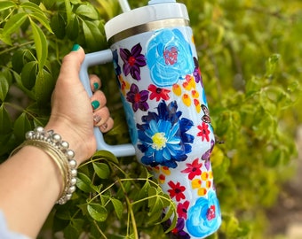 Hand-Painted Stanley Tumbler - Custom Stanley - Bright Floral Pattern