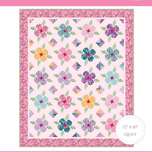 May include: A quilt pattern called "Fleurette" by Sedef Imer. The pattern features a floral design with pink, yellow, blue, and purple flowers on a white background. The quilt is 72 inches by 87 inches.