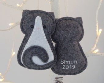 Personalized Gray Tuxedo Cat Ornament / Handmade 2026 Kids Pets Name Ornament
