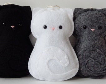 Personalized White, Gray, or Black Cat Ornament, Handmade Felt Embroidered Name Christmas Ornaments