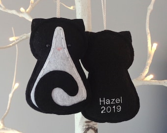 Personalized Black Felt Tuxedo Cat Ornament, Handmade Pet Name Christmas Ornaments