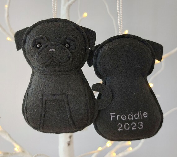 Black Pug Ornament / Personalized Black Pug Ornaments / Pet Name Ornaments / Felt Pug Dog Christmas Ornaments / Pug Dog Gifts