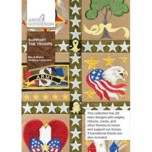 May include: A quilt pattern collection featuring patriotic designs with eagles, stars, ribbons, and the words "Support the Troops". The collection includes 20 main designs and 3 transitional blocks.