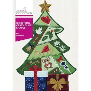 May include: A green Christmas tree made of patchwork fabric with various holiday-themed designs, including a sled, a bell, a dove, a mitten, holly, and a teddy bear. The tree is decorated with a gold star on top and the words "Merry & Bright" are embroidered on the bottom. Two wrapped presents are at the base of the tree, one blue with white stars and one red with a gold bow.