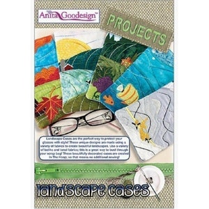May include: A set of six colorful quilted eyeglass cases with different landscape designs. The cases are made in the hoop, so no additional sewing is required. The text "Anita Goodesign PROJECTS landscape cases" is printed on the front of the package.