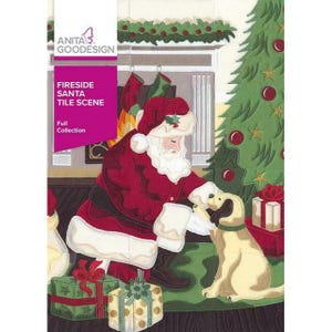 May include: A colorful illustration of Santa Claus with a white beard and red suit, interacting with a tan dog. The scene includes a Christmas tree, presents, and the text "Fireside Santa Tile Scene".