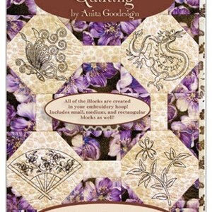 May include: A book cover for a quilting pattern collection called "Mix & Match Quilting" by Anita Goodesign. The cover features a quilt design with a variety of embroidered blocks, including a butterfly, a dragon, and floral motifs. The title of the collection is "The Orient".