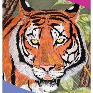 May include: A close-up of a tiger's face, with orange and black stripes, set against a green leafy background. The image is titled "Tiger Tile Scene" and says "9 Block Tile Scene in 3 sizes".