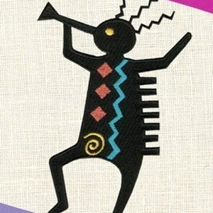 May include: Black and white stylized illustration of a Native American flute player with geometric patterns in red, blue, and yellow. The image is titled "Southwestern 43 Designs".