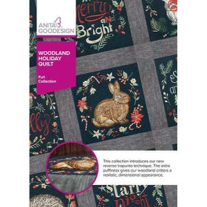 May include: A collection of embroidery designs for a woodland holiday quilt. The designs feature a variety of woodland creatures, including a rabbit, a hedgehog, and a squirrel. The designs are all in a festive holiday style, with colors like red, green, and white. The text "Woodland Holiday Quilt" is displayed on the front of the image.