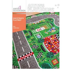 May include: A colorful racetrack playmat with the text "Anita's Playhouse" and "Racetrack Playmat." The mat features a gray road, green grass, a police car, a helicopter, and a checkered flag. The word "START" is visible.