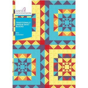 May include: A book cover with a colorful quilt pattern featuring squares and triangles in shades of red, yellow, blue, and purple. The title "Traditionally Unique Quilt Blocks" is printed in black text on a white background. The book is part of the "Mini Collection" by Anita Goodesign.