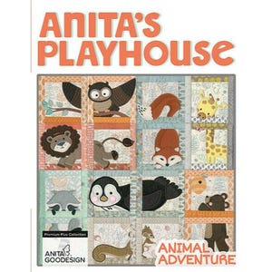May include: A colorful quilt block pattern featuring various animal illustrations, including a fox, owl, raccoon, penguin, squirrel, giraffe, and bear. The quilt block is titled "Animal Adventure" and is part of the "Anita's Playhouse" collection.